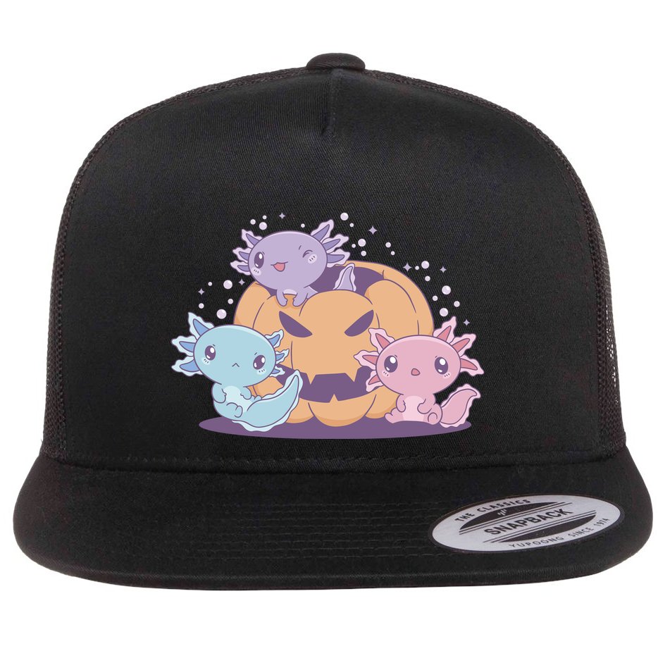 Cute Axolotl Halloween Pumpkin Flat Bill Trucker Hat
