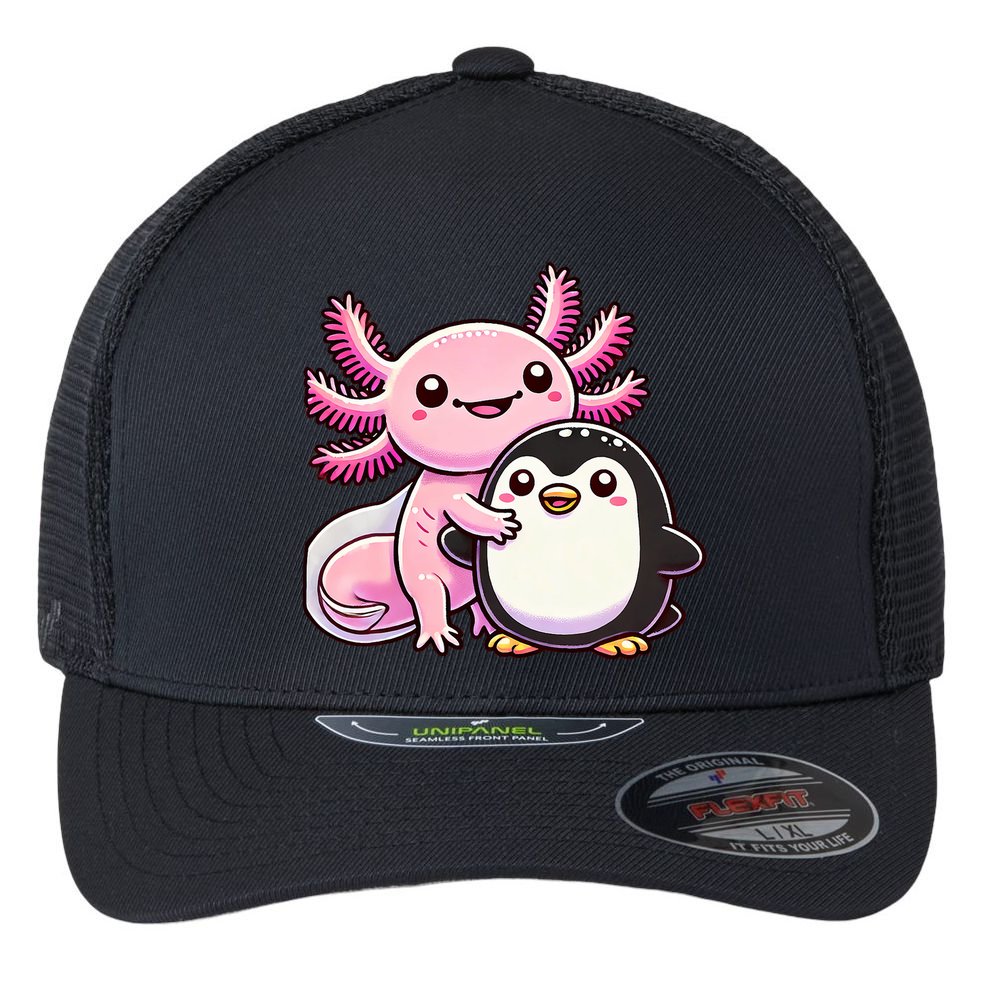 Cute Axolotl Hugging Penguin Flexfit Unipanel Trucker Cap