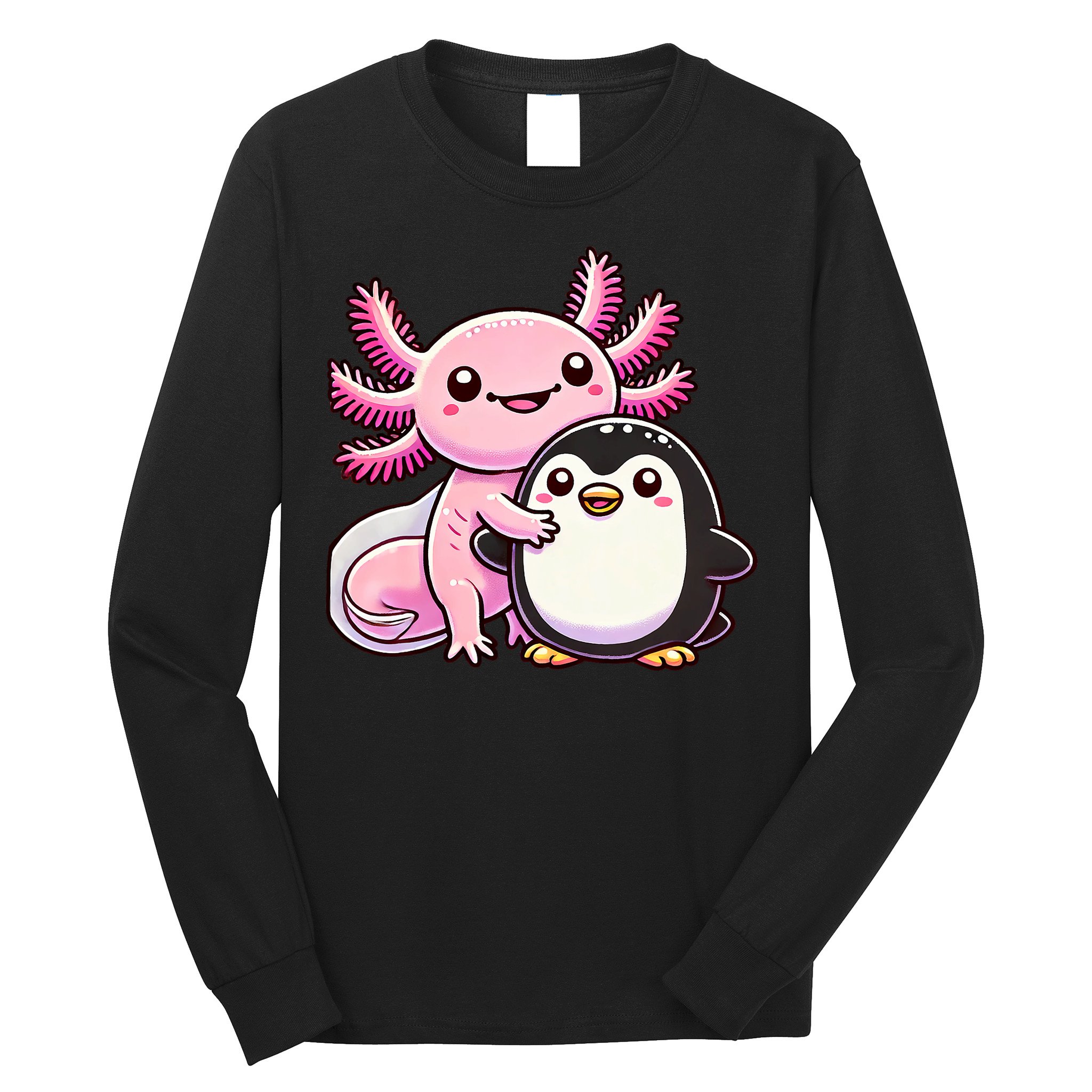 Cute Axolotl Hugging Penguin Long Sleeve Shirt