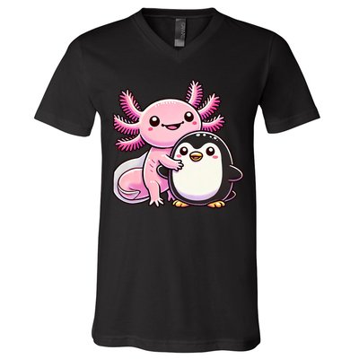 Cute Axolotl Hugging Penguin V-Neck T-Shirt