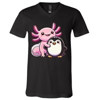 Cute Axolotl Hugging Penguin V-Neck T-Shirt