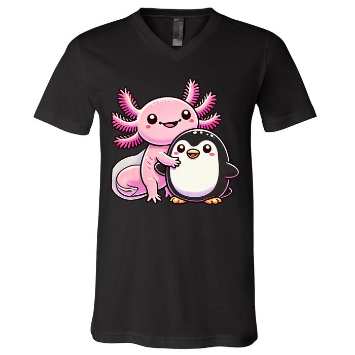 Cute Axolotl Hugging Penguin V-Neck T-Shirt