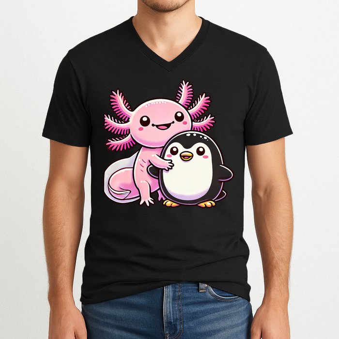 Cute Axolotl Hugging Penguin V-Neck T-Shirt