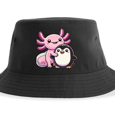 Cute Axolotl Hugging Penguin Sustainable Bucket Hat
