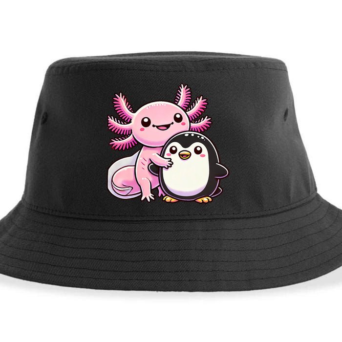 Cute Axolotl Hugging Penguin Sustainable Bucket Hat