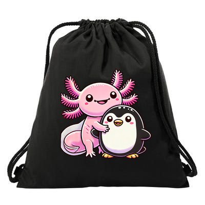 Cute Axolotl Hugging Penguin Drawstring Bag