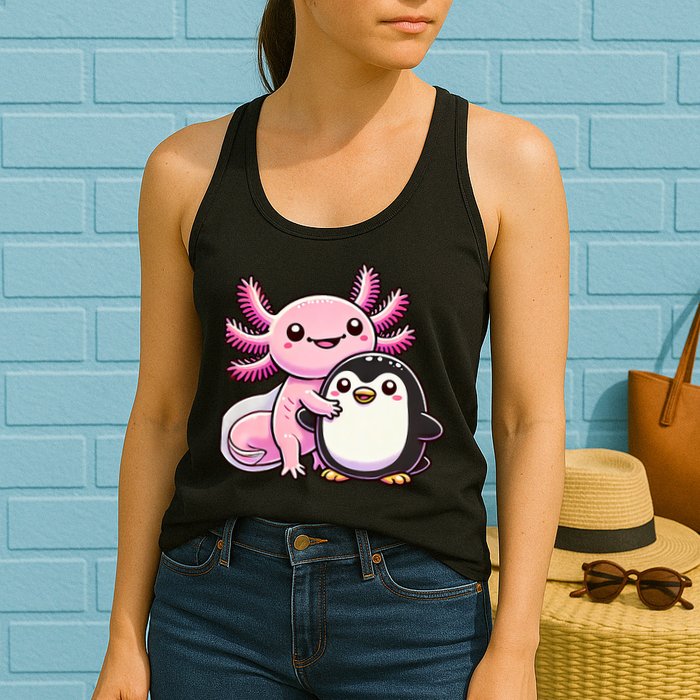 Cute Axolotl Hugging Penguin Womens Tank Top