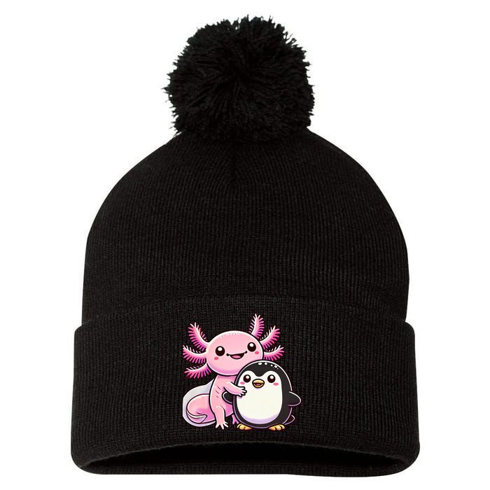 Cute Axolotl Hugging Penguin Pom Pom 12in Knit Beanie