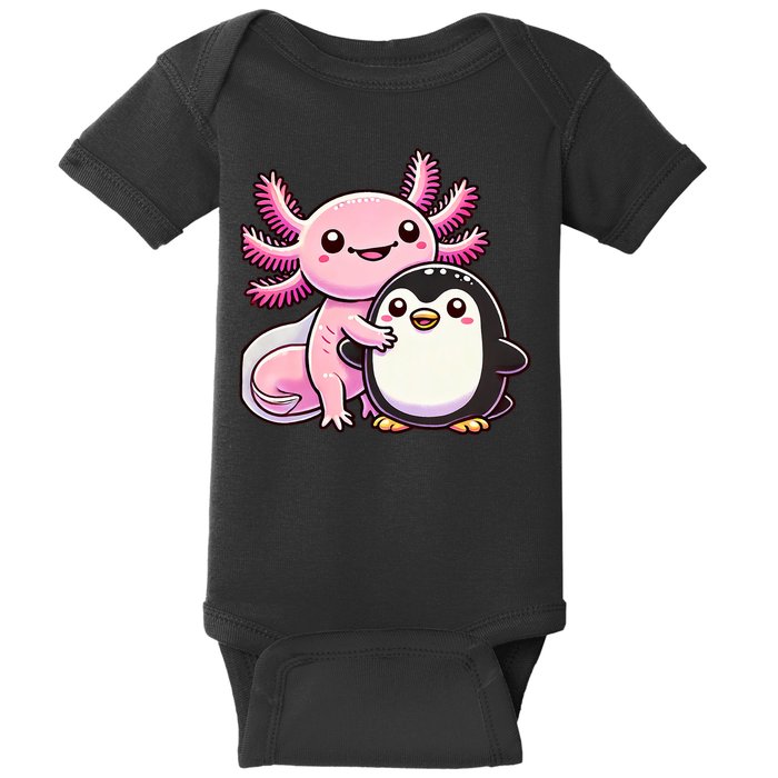 Cute Axolotl Hugging Penguin Baby Bodysuit