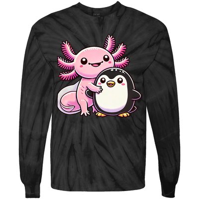 Cute Axolotl Hugging Penguin Tie-Dye Long Sleeve Shirt
