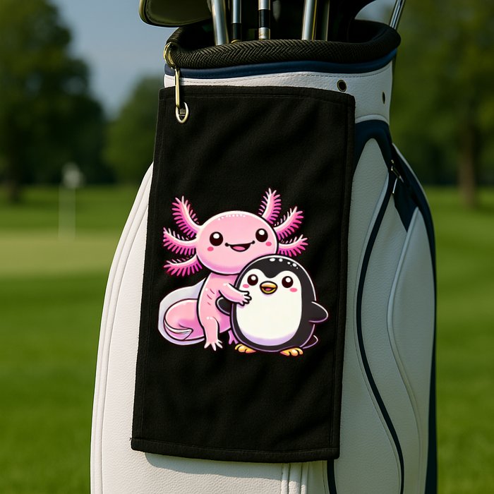 Cute Axolotl Hugging Penguin Golf Towel