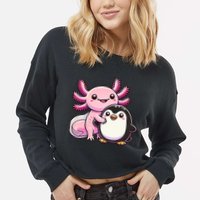 Cute Axolotl Hugging Penguin Cropped Pullover Crew