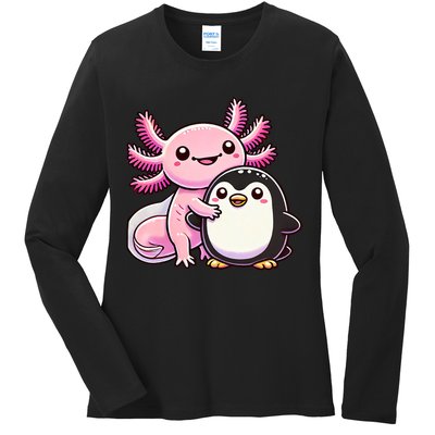 Cute Axolotl Hugging Penguin Ladies Long Sleeve Shirt