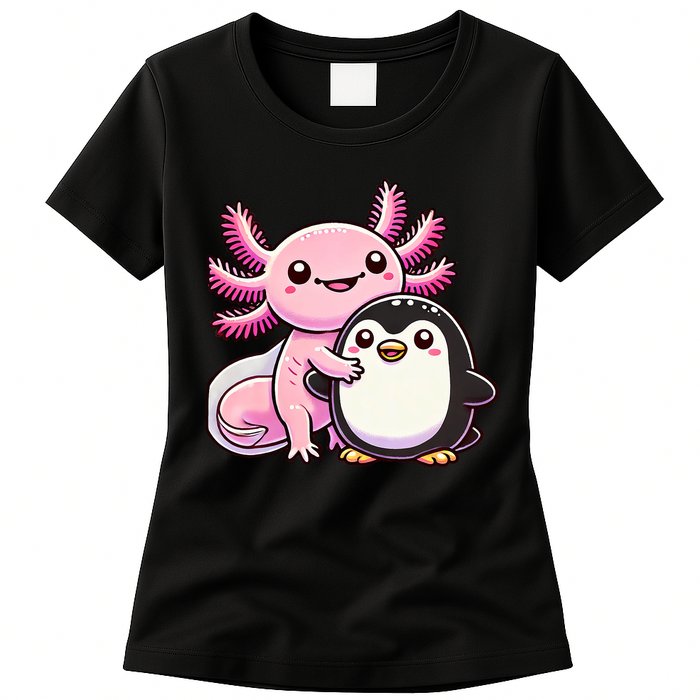Cute Axolotl Hugging Penguin Womens T-Shirt