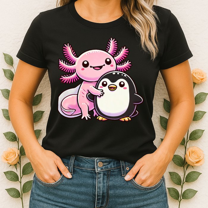 Cute Axolotl Hugging Penguin Womens T-Shirt