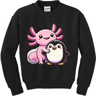 Cute Axolotl Hugging Penguin Kids Sweatshirt