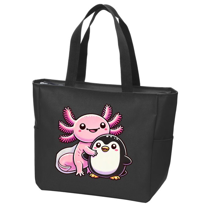 Cute Axolotl Hugging Penguin Zip Tote Bag