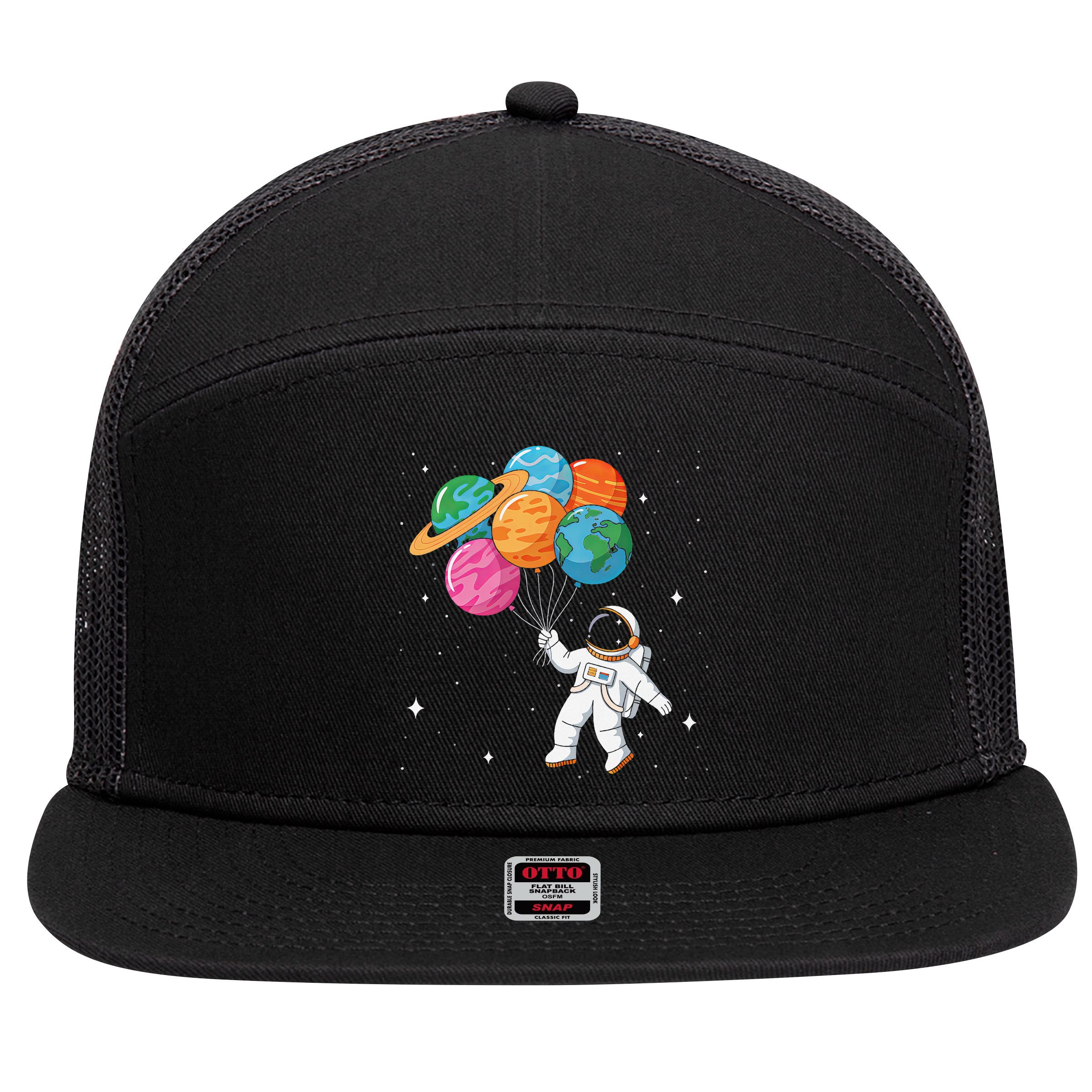 Cute Astronaut Holding Planet Balloons STEM 7 Panel Mesh Trucker Snapback Hat