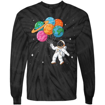 Cute Astronaut Holding Planet Balloons STEM Tie-Dye Long Sleeve Shirt