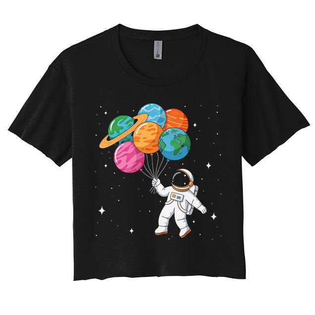 Cute Astronaut Holding Planet Balloons STEM Women's Crop Top Tee