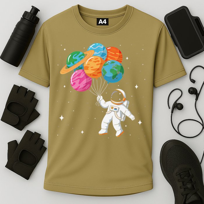 Cute Astronaut Holding Planet Balloons STEM Cooling Performance Crew T-Shirt