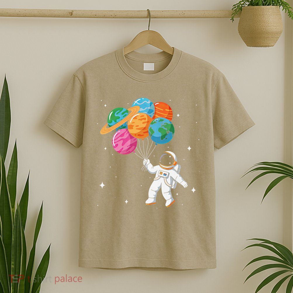 Cute Astronaut Holding Planet Balloons STEM T-Shirt