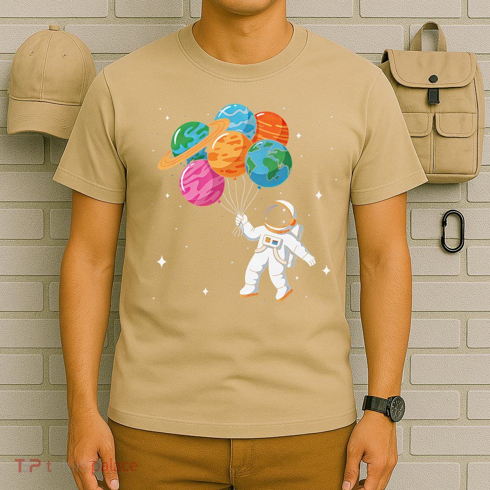 Cute Astronaut Holding Planet Balloons STEM T-Shirt