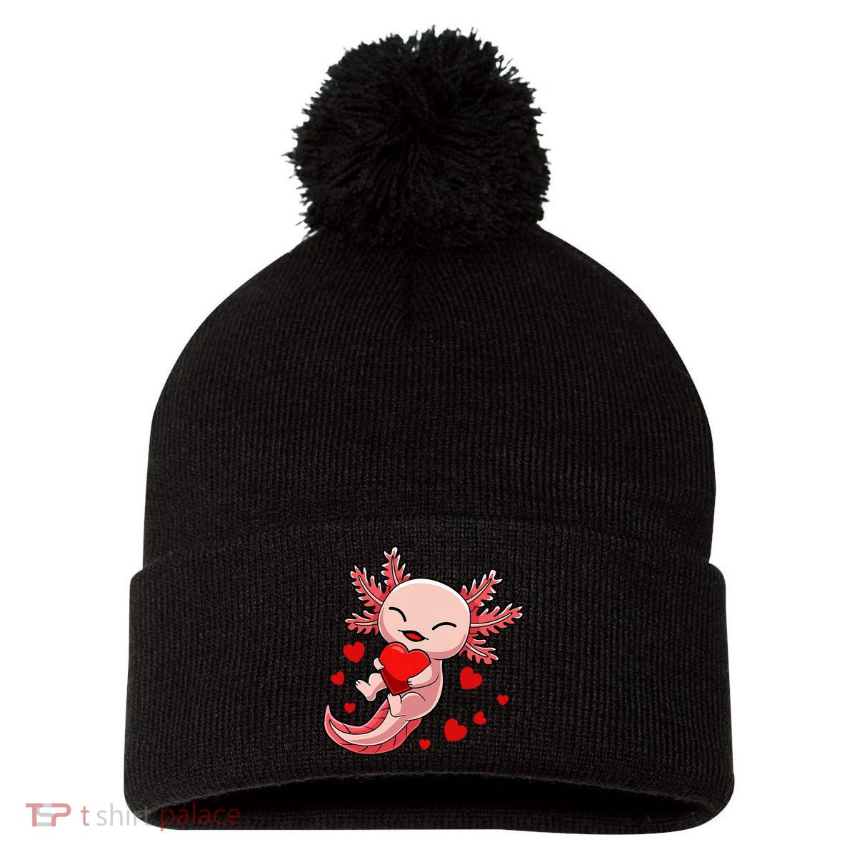 Cute Axolotl Heart Valentines Day Pom Pom 12in Knit Beanie