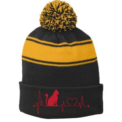 Cat And Heart Wave Cat Lover Stripe Pom Pom Beanie