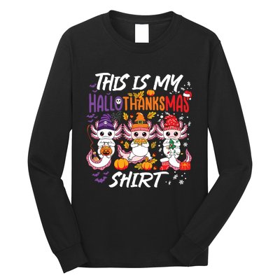 Cute Axolotl Hallothanksmas Halloween Thanksgiving Christmas Long Sleeve Shirt