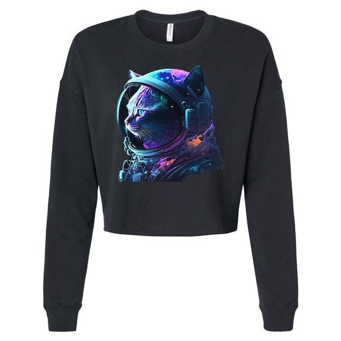 Cat Astronaut In Space Suit And Helmet In The Cosmos Funny Cropped Pullover Crew