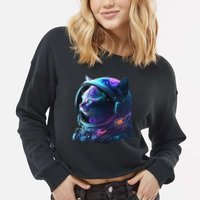 Cat Astronaut In Space Suit And Helmet In The Cosmos Funny Cropped Pullover Crew