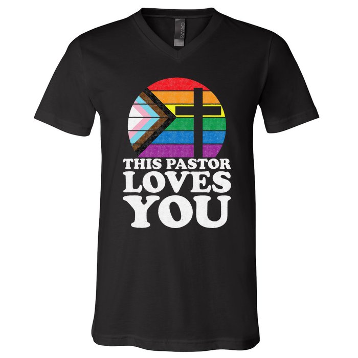 Christian Ally Inclusive Pride Clergy This Pastor Loves You V-Neck T-Shirt