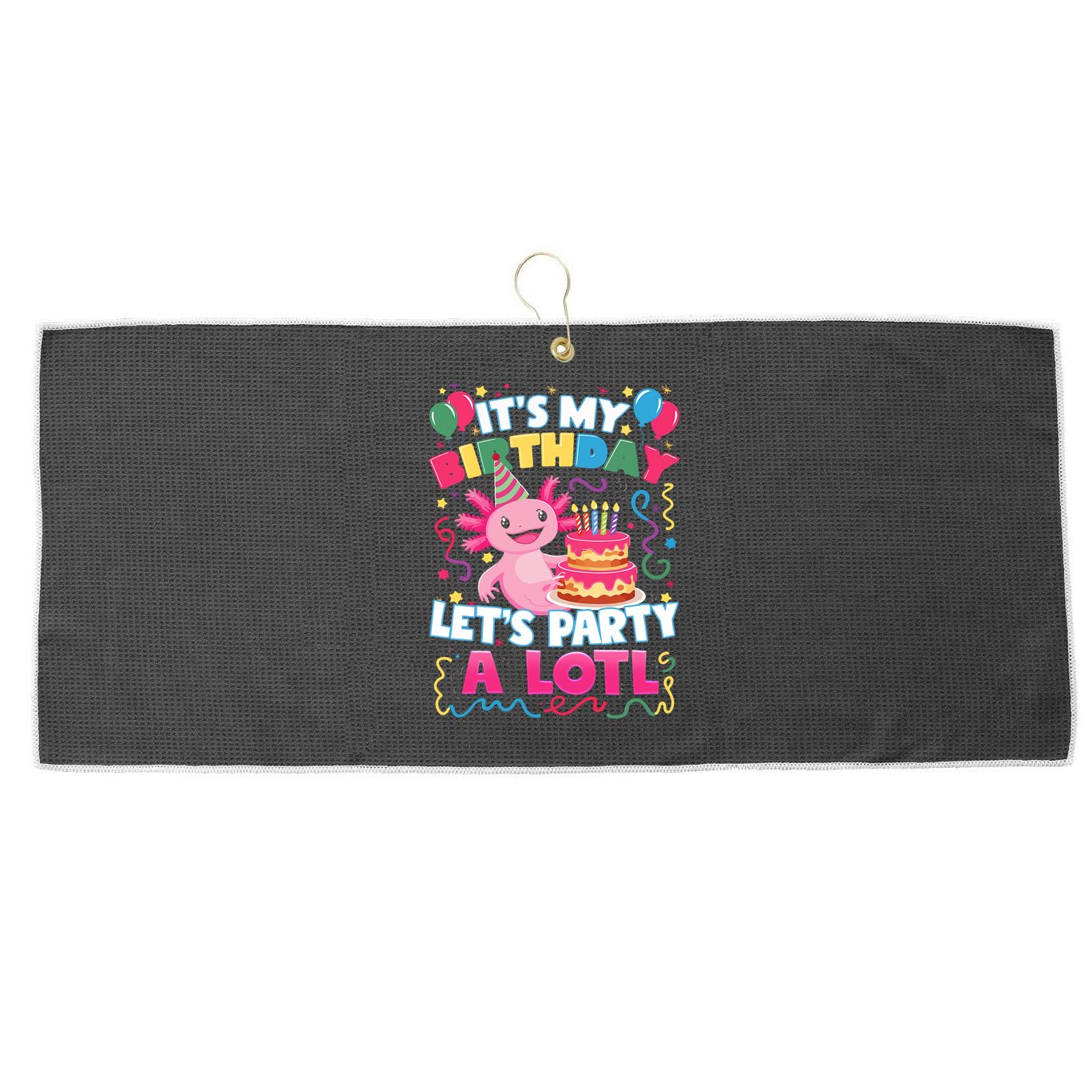 Cute Axolotl Its My Birthday Lets Party  Large Microfiber Waffle Golf Towel