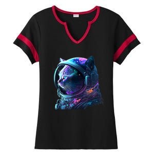 Cat Astronaut In Space Suit And Helmet In The Cosmos Funny Ladies Halftime Notch Neck Tee