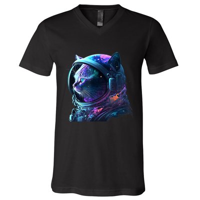 Cat Astronaut In Space Suit And Helmet In The Cosmos Funny V-Neck T-Shirt