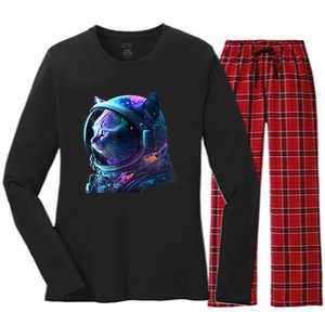 Cat Astronaut In Space Suit And Helmet In The Cosmos Funny Women's Long Sleeve Flannel Pajama Set 