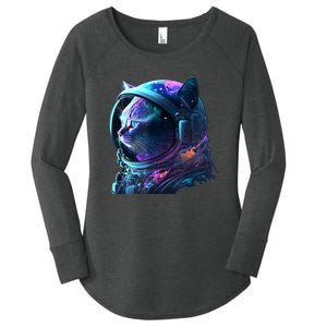 Cat Astronaut In Space Suit And Helmet In The Cosmos Funny Women's Perfect Tri Tunic Long Sleeve Shirt