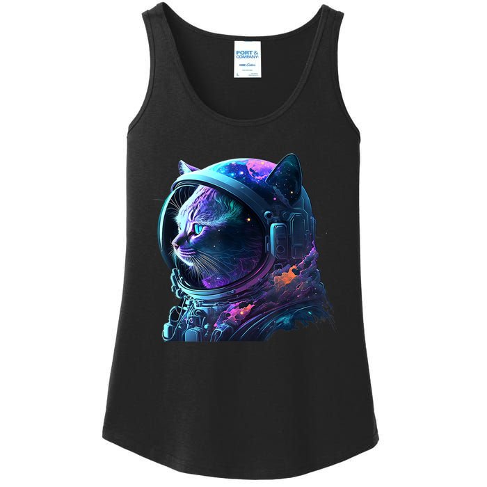 Cat Astronaut In Space Suit And Helmet In The Cosmos Funny Ladies Essential Tank