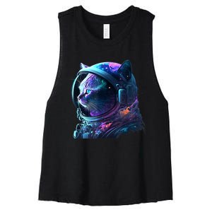 Cat Astronaut In Space Suit And Helmet In The Cosmos Funny Women's Racerback Cropped Tank