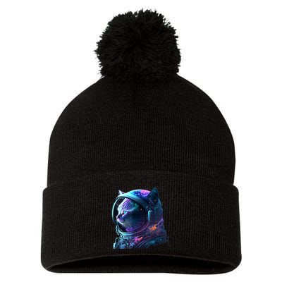 Cat Astronaut In Space Suit And Helmet In The Cosmos Funny Pom Pom 12in Knit Beanie