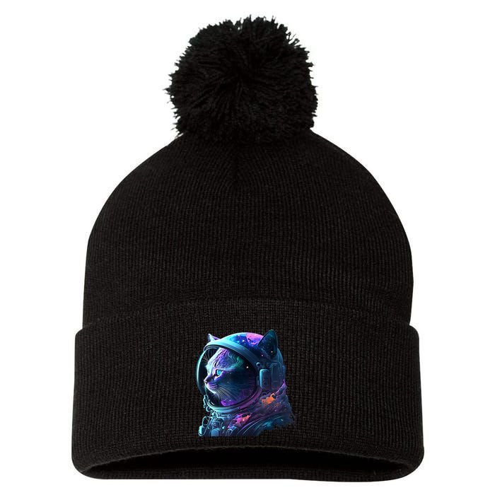 Cat Astronaut In Space Suit And Helmet In The Cosmos Funny Pom Pom 12in Knit Beanie
