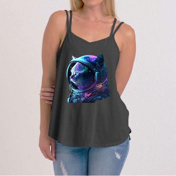 Cat Astronaut In Space Suit And Helmet In The Cosmos Funny Women's Strappy Tank