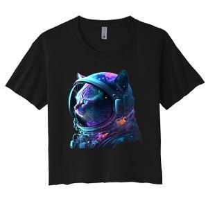 Cat Astronaut In Space Suit And Helmet In The Cosmos Funny Women's Crop Top Tee