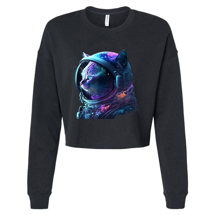 Cat Astronaut In Space Suit And Helmet In The Cosmos Funny Cropped Pullover Crew