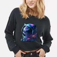 Cat Astronaut In Space Suit And Helmet In The Cosmos Funny Cropped Pullover Crew