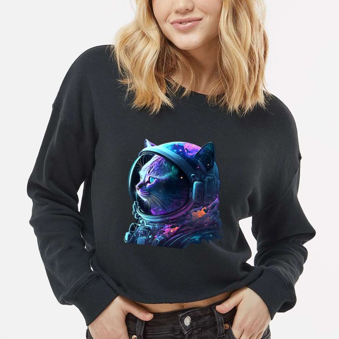 Cat Astronaut In Space Suit And Helmet In The Cosmos Funny Cropped Pullover Crew