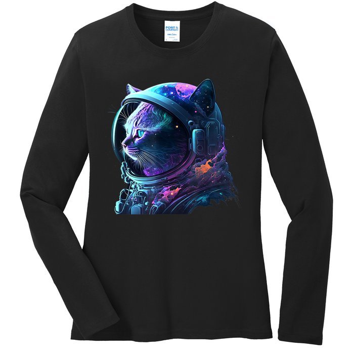 Cat Astronaut In Space Suit And Helmet In The Cosmos Funny Ladies Long Sleeve Shirt