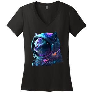 Cat Astronaut In Space Suit And Helmet In The Cosmos Funny Women's V-Neck T-Shirt