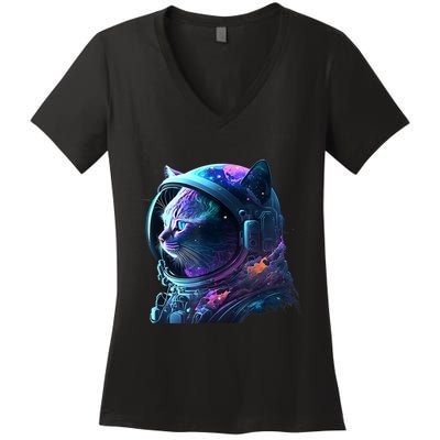 Cat Astronaut In Space Suit And Helmet In The Cosmos Funny Women's V-Neck T-Shirt